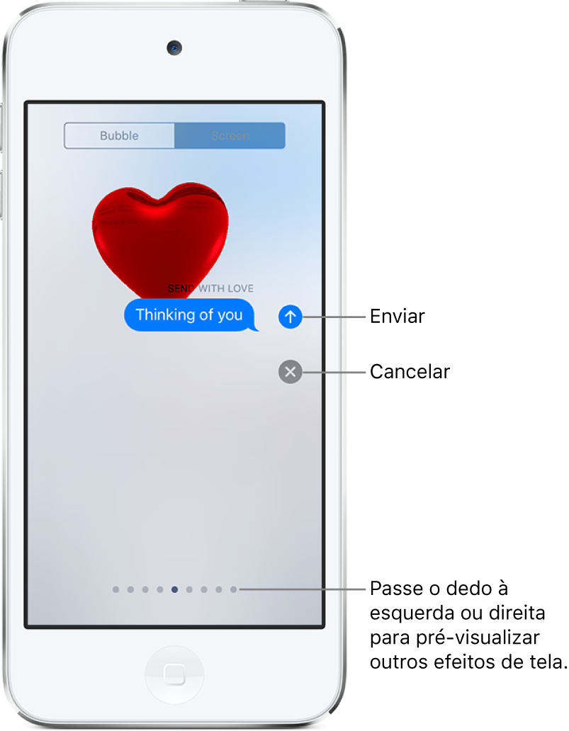 Pré-visualização de uma mensagem mostrando um efeito de tela cheia com um coração vermelho.
