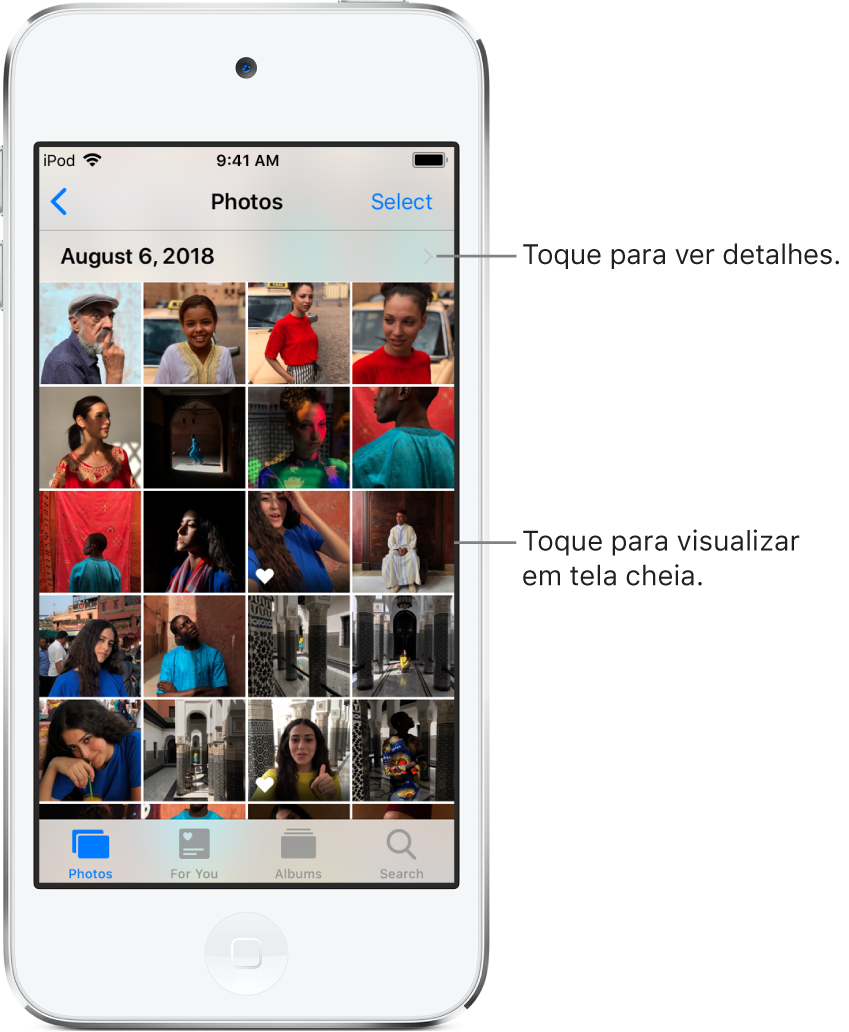O app Fotos. Na parte inferior da tela, da esquerda para a direita, as abas Hoje, Para Você, Álbuns e Buscar. A aba Fotos está selecionada e a tela acima mostra uma grade de miniaturas de fotos organizadas em grupos por momento. Acima de cada momento, a data na qual as fotos foram tiradas. Toque na data para exibir detalhes sobre o momento. Toque na miniatura de uma foto para exibir a foto em tela cheia.