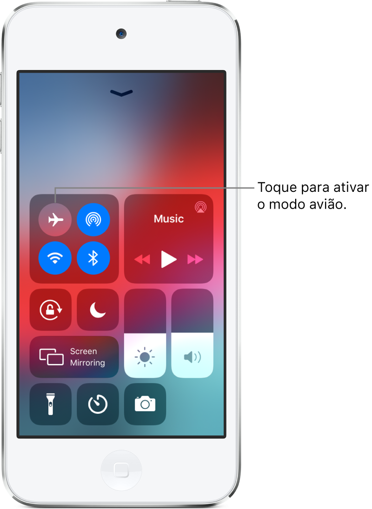 Tela com a Central de Controle com uma chamada explicando que um toque no botão superior esquerdo ativa o modo avião.