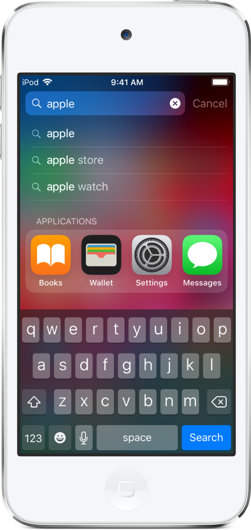 Um ecrã que mostra a pesquisa de conteúdo no iPod touch. Na parte superior do campo de pesquisa com o texto de pesquisa “apple” e por baixo os resultados obtidos para o texto pesquisado.