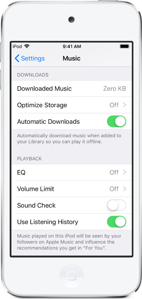 Ecrã de definições da aplicação Música com a opção “Descargas automáticas” ativa.