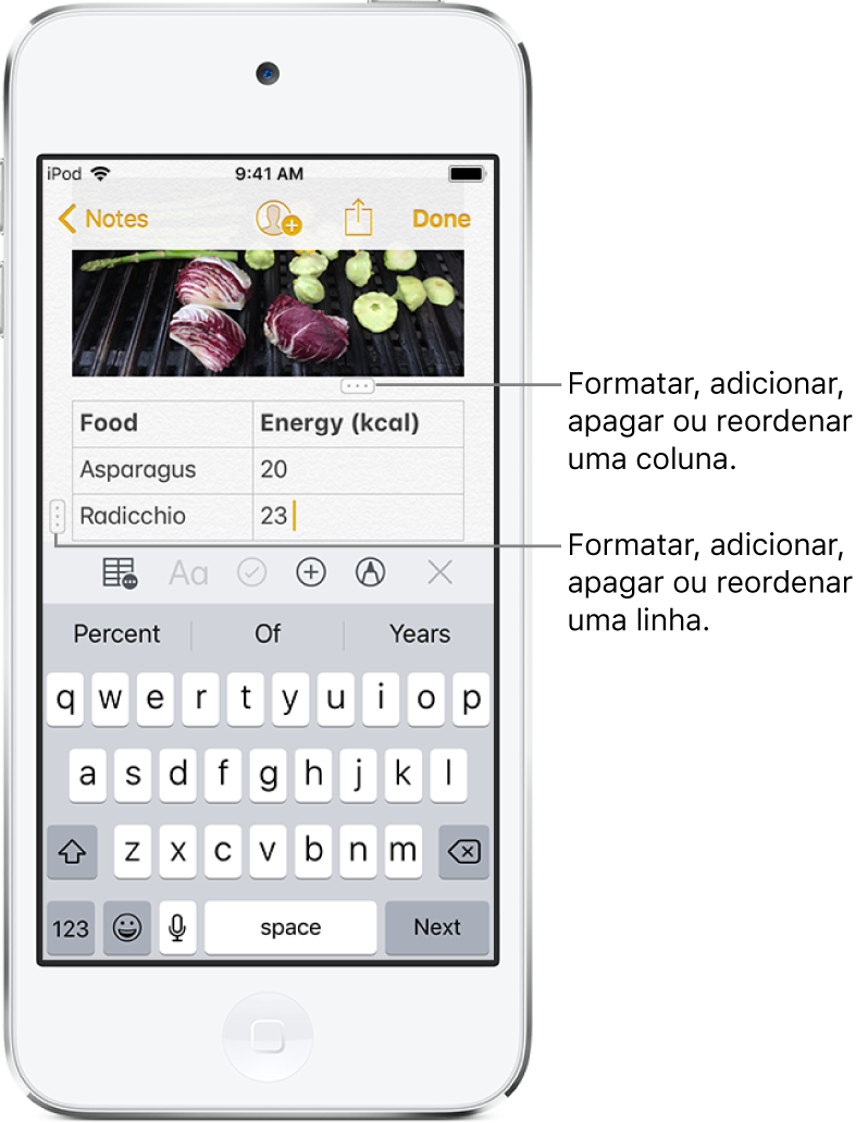 Uma nota com uma tabela. O topo de uma coluna mostra o puxador de coluna, no qual pode tocar para formatar, adicionar, apagar ou reordenar a coluna. De igual modo, o início de uma linha mostra o puxador de linha.
