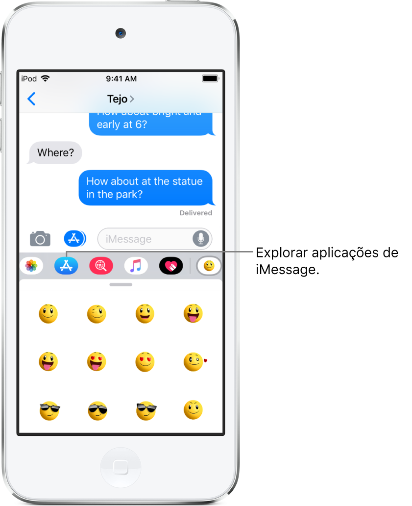 Uma conversa na aplicação Mensagens, com o botão “Navegador de aplicações” do iMessage selecionado. A gaveta de aplicações aberta mostra stickers com smileys.