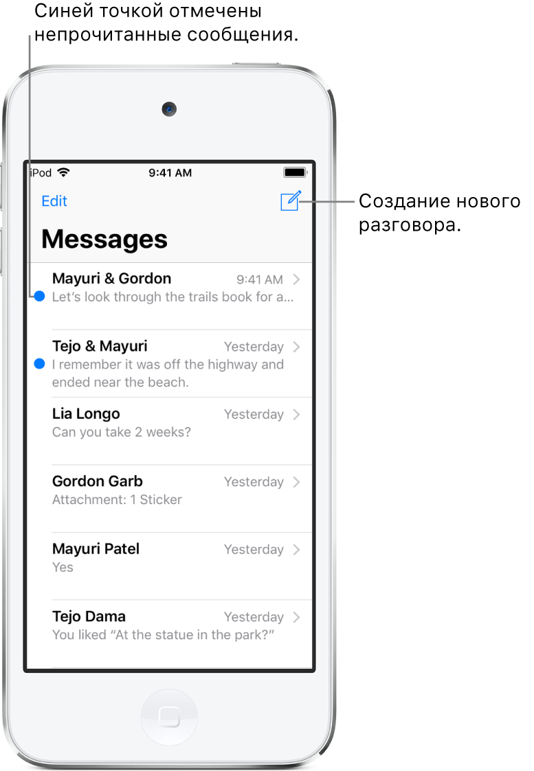 Список сообщений. Кнопка «Изменить» находится в левом верхнем углу, кнопка создания сообщения — в правом верхнем углу. Синей точкой слева помечены непрочитанные сообщения.