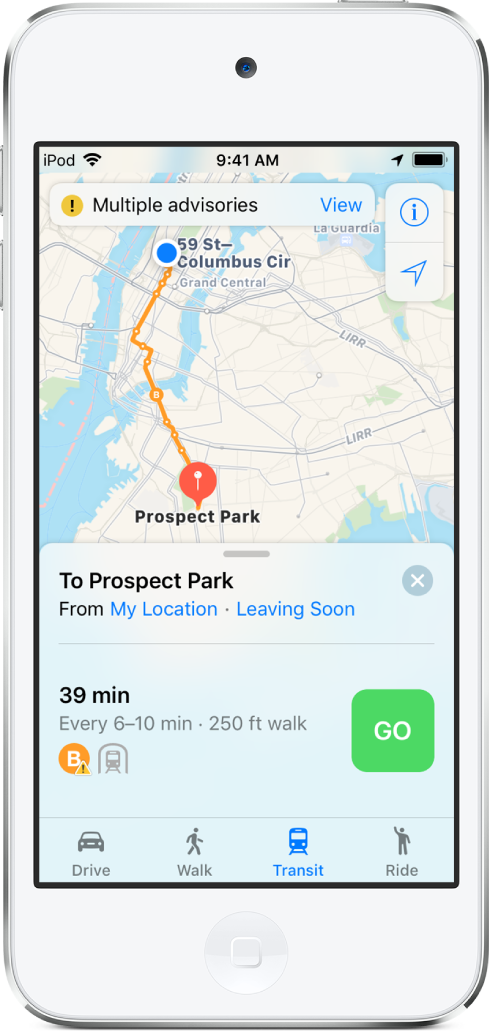 Карта движения общественного транспорта в Нью-Йорке по маршруту между станциями 59-я улица — Колумбус-Серкл и Проспект-парк. На окне маршрута в нижней части экрана показано, что поезд скоро отходит, а периодичность отправления поезда составляет 6-10 минут. Станция находится в 250 футах ходьбы от текущей геопозиции.