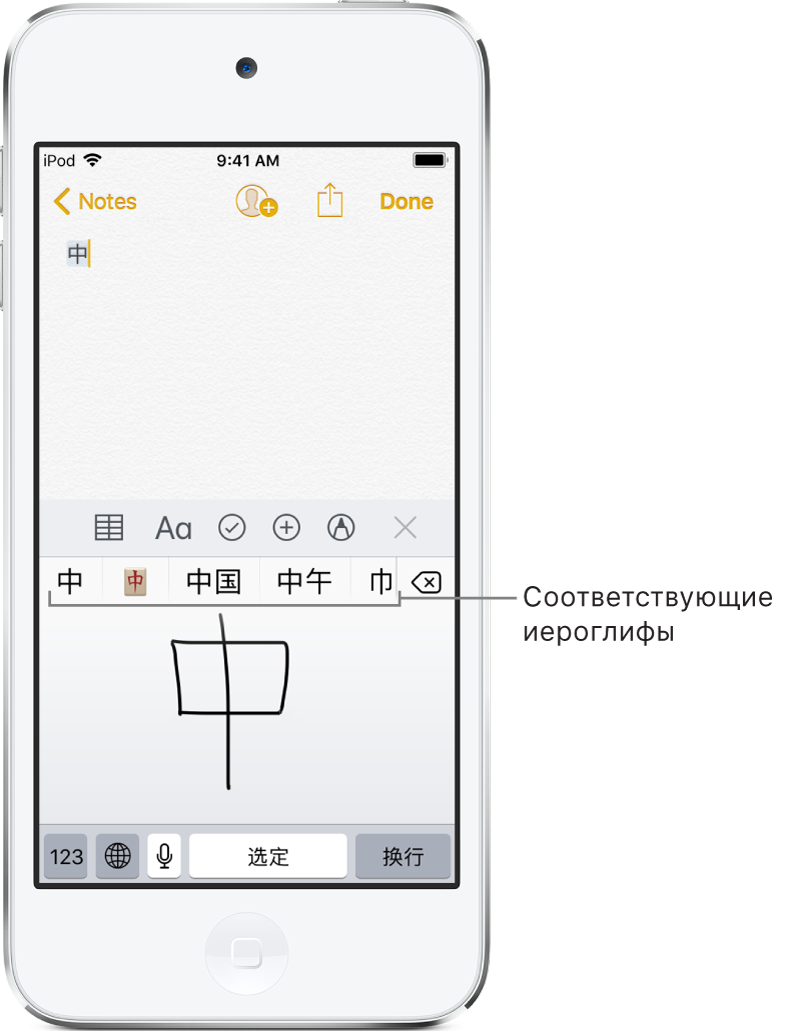 Программа «Заметки» с сенсорной панелью в нижней части экрана. На экране от руки нарисован китайский символ. Предложенные символы появляются выше, а выбранный символ — сверху.