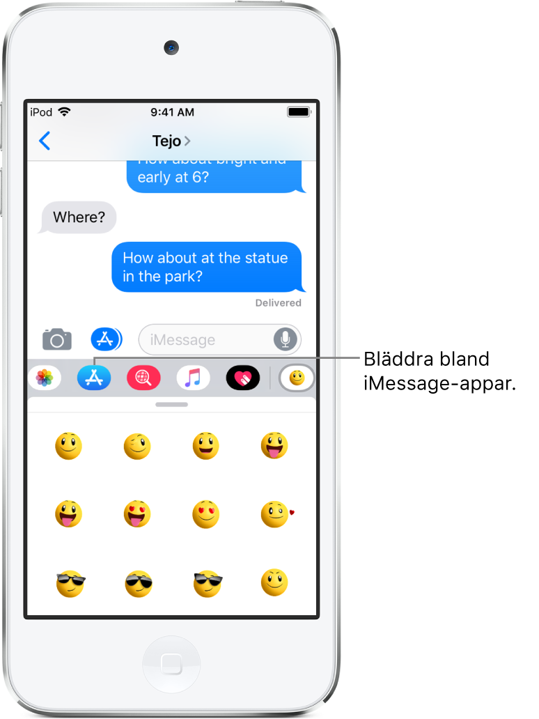 En konversation i Meddelanden med knappen för bläddring bland iMessage-appar markerad. Den öppna applådan visar smileymärken.