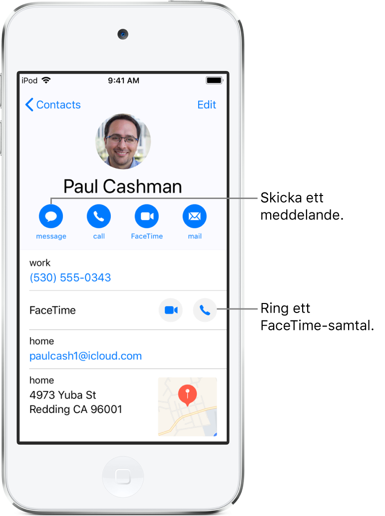 Infoskärmen för en kontakt. Högst upp visas kontaktens bild och namn. Under finns knapparna för att skicka ett meddelande, ringa ett telefonsamtal, ringa ett FaceTime-samtal och skicka ett brev. Nedanför knapparna finns kontaktinformationen.