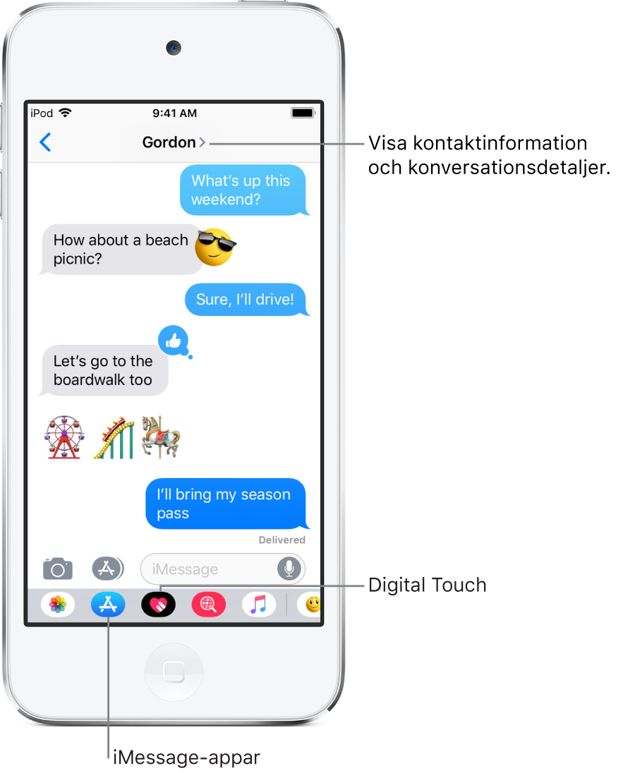 En konversation i Meddelanden. Från vänster till höger längs överkanten finns tillbaka-knappen och namnet på personen som du skickar meddelanden till. I mitten finns de meddelanden som har skickats och tagits emot i konversationen. Längst ned, från vänster till höger, finns knappar för iMessage-apparna Bilder, Affärer, Hashtag-bilder, Musik och Digital Touch.
