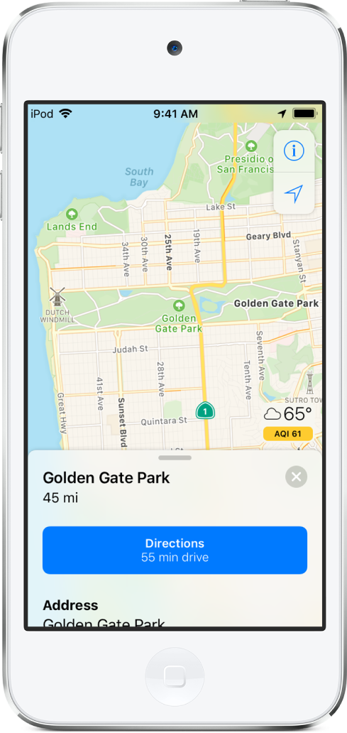 En karta över San Francisco med Golden Gate Park i mitten. Knappen Färdbeskrivning visas längst ned på skärmen.