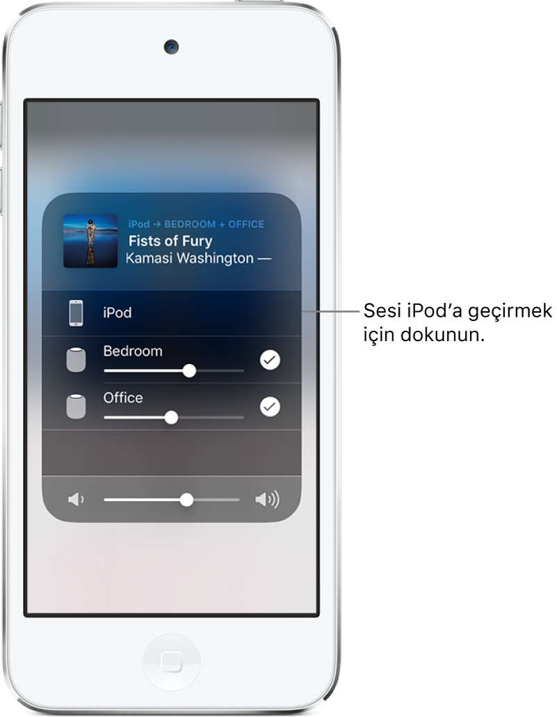 Bir AirPlay penceresi açık ve en üstte parça adı ile sanatçı adını, en altta ise ses yüksekliği sürgüsünü gösteriyor. Yatak odası ve ofis hoparlörleri seçili. iPod touch’ı işaret eden bir belirtme çizgisinde “Sesi iPod’a geçirmek için dokunun” yazıyor.
