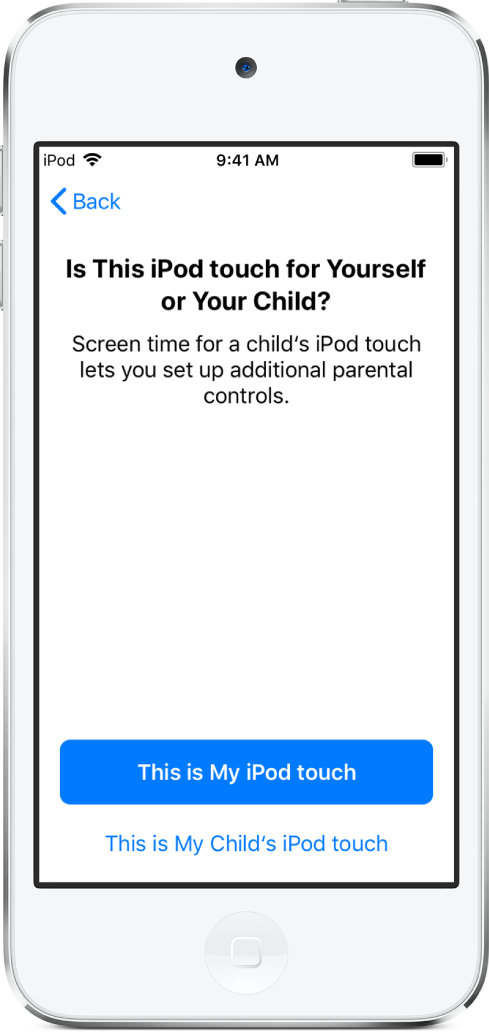 Bu Benim iPod touch’ım ya da Bu Çocuğumun iPod touch’ı seçeneğini gösteren Ekran Süresi ayarlama ekranı.