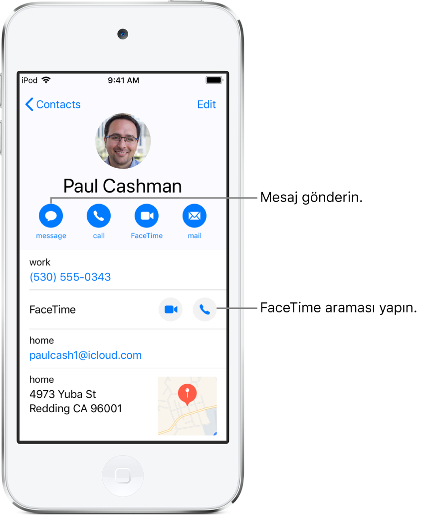 Kişi için bilgi ekranı. Kişinin fotoğrafı ve adı en üsttedir. Altında mesaj gönderme, telefon araması yapma, FaceTime araması yapma ve e-posta iletisi gönderme düğmeleri vardır. Düğmelerin altında iletişim bilgileri yer alır.