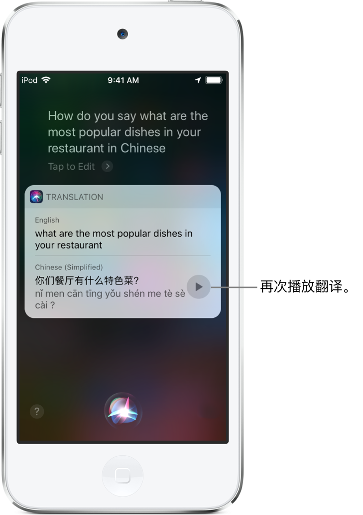 “您的餐厅最受欢迎的菜是哪些用英语怎么说？”的回复Siri 显示英文语句“what are the most popular dishes in your restaurant”的中文翻译。翻译右侧的按钮，用于重新播放翻译的音频。
