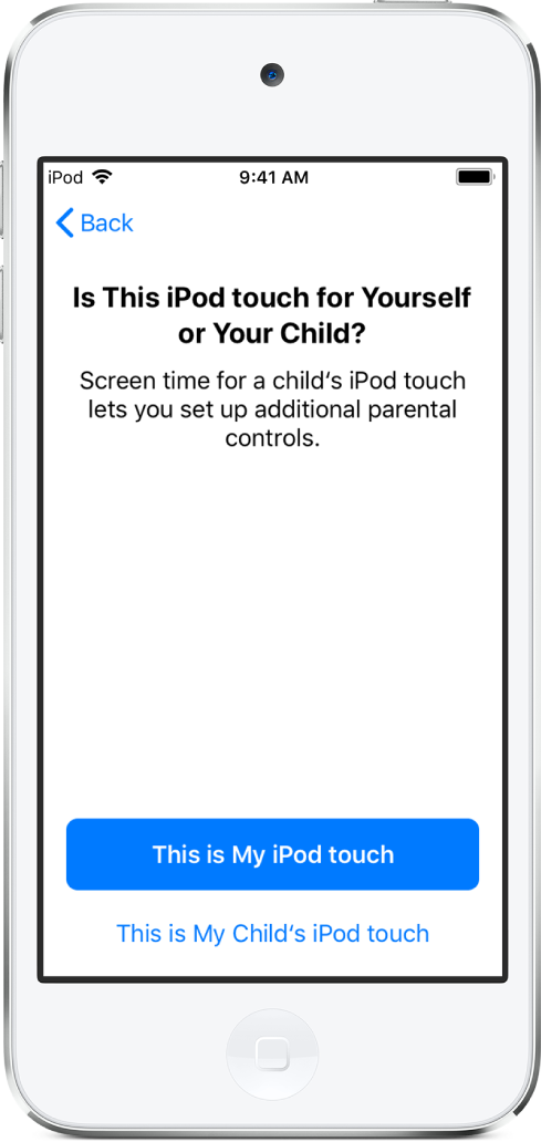 「螢幕使用時間」的設定畫面，顯示用來選取「這部 iPod touch 是我的」或「這部 iPod touch 是我小孩的」的選項。
