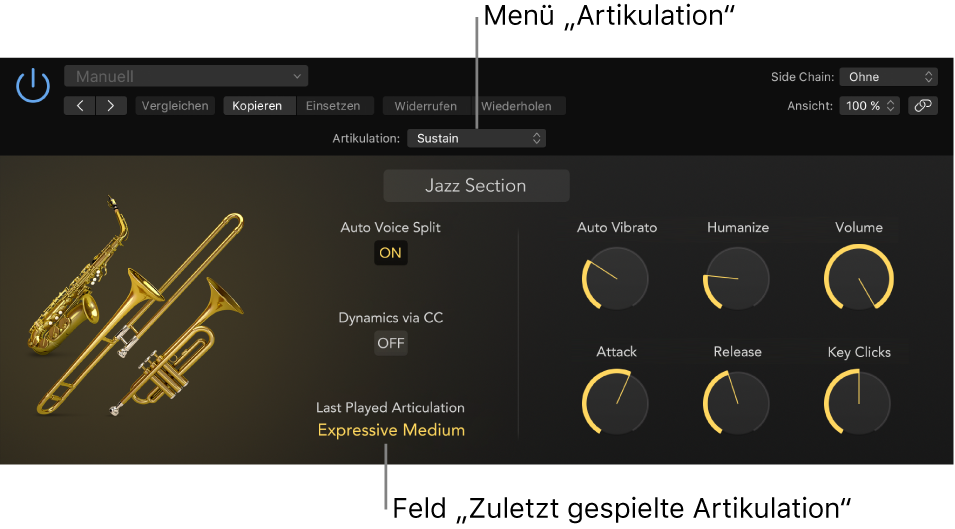 Abbildung. Software-Instrument mit Menü „Artikulation“ und dem Feld für die zuletzt gespielte Artikulation