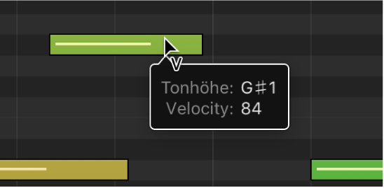 Abbildung. Bearbeiten der Velocity einer MIDI-Note in der Pianorolle mithilfe des Werkzeugs „Velocity“. Der Info-Text zeigt den Velocity-Wert an.