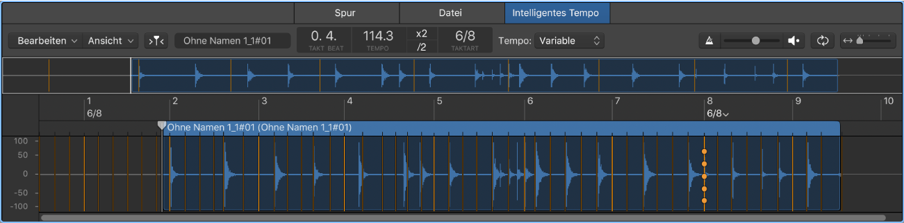 Abbildung. Editor „Smart Tempo“ mit Audiodatei und einen ausgewählten Beat