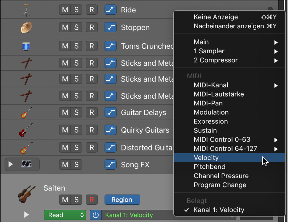 Abbildung. Auswahl eines MIDI-Controller-Parameters für eine regionsbasierte Automation