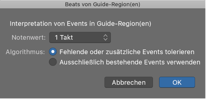 Abbildung. Dialogfenster „Beats von Guide-Region(en)“