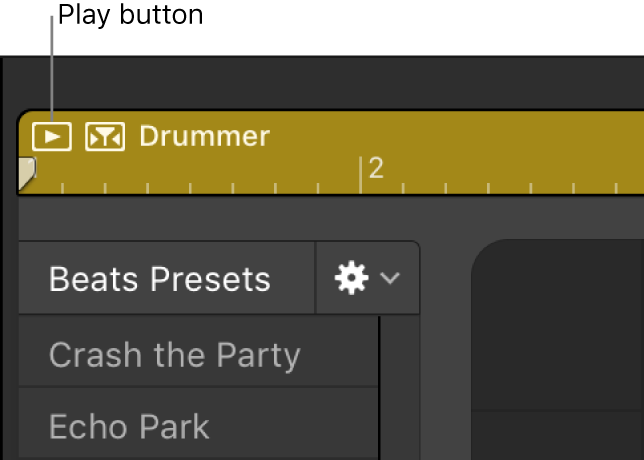 Figure. Clicking the Play button in the upper-left area of the Drummer Editor.