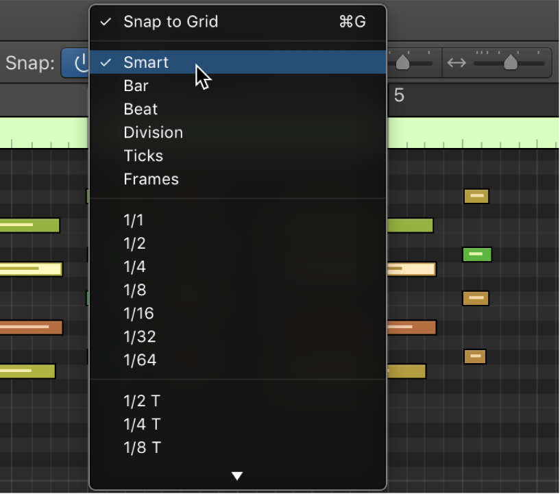 Figure. Snap pop-up menu in the Piano Roll Editor menu bar.