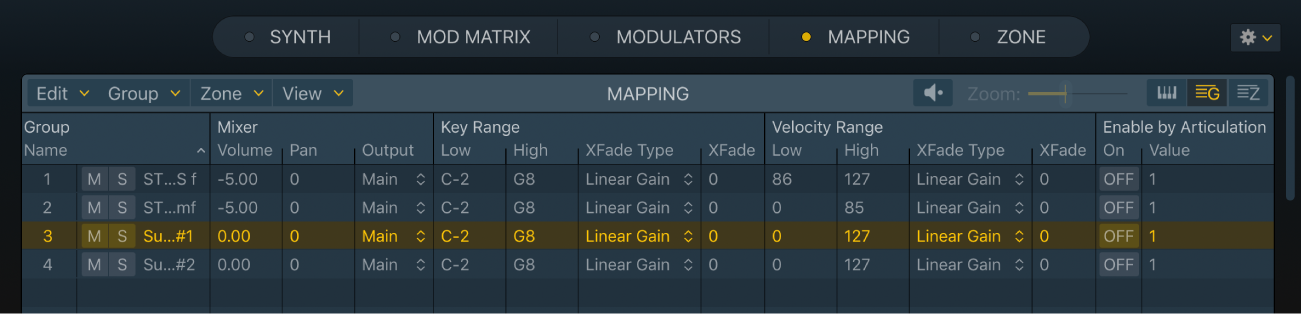 Figure. Mapping pane, showing Key Range and Velocity Range Xfade parameters.