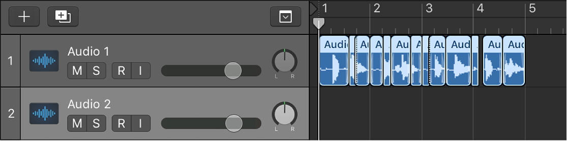 Figure. Showing the flattened take folder, with the resulting regions on an audio track.