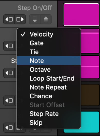 Step Sequencer Edit Mode pop-up menu open in a subrow, showing different edit modes.