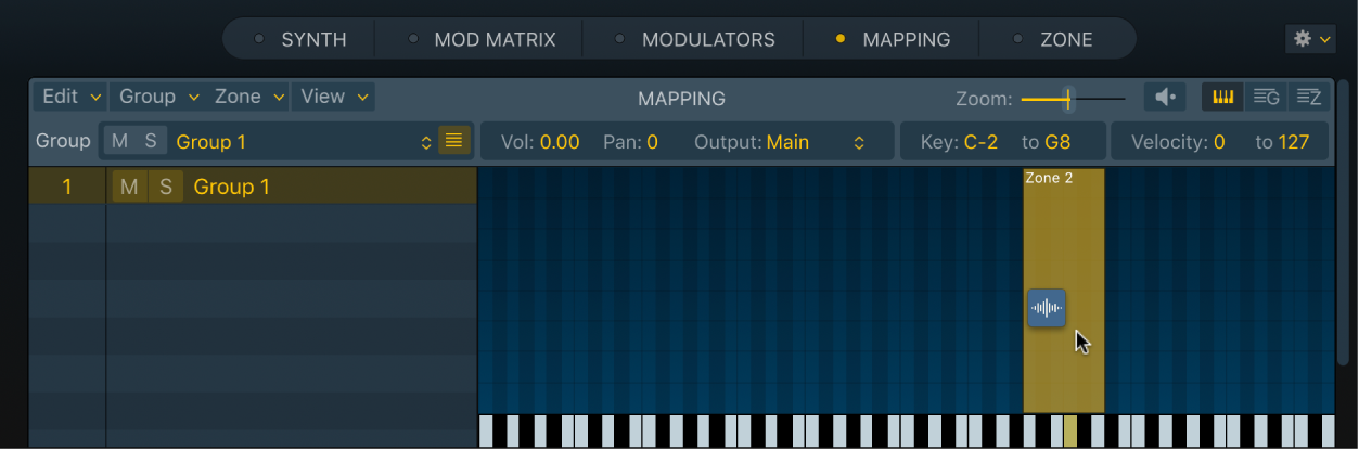 Figure. Sampler Mapping pane keyboard view, showing an audio file being dragged onto an empty zone.
