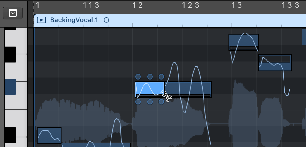 Figure. Cutting a note with the Scissors tool in the Audio Track Editor.