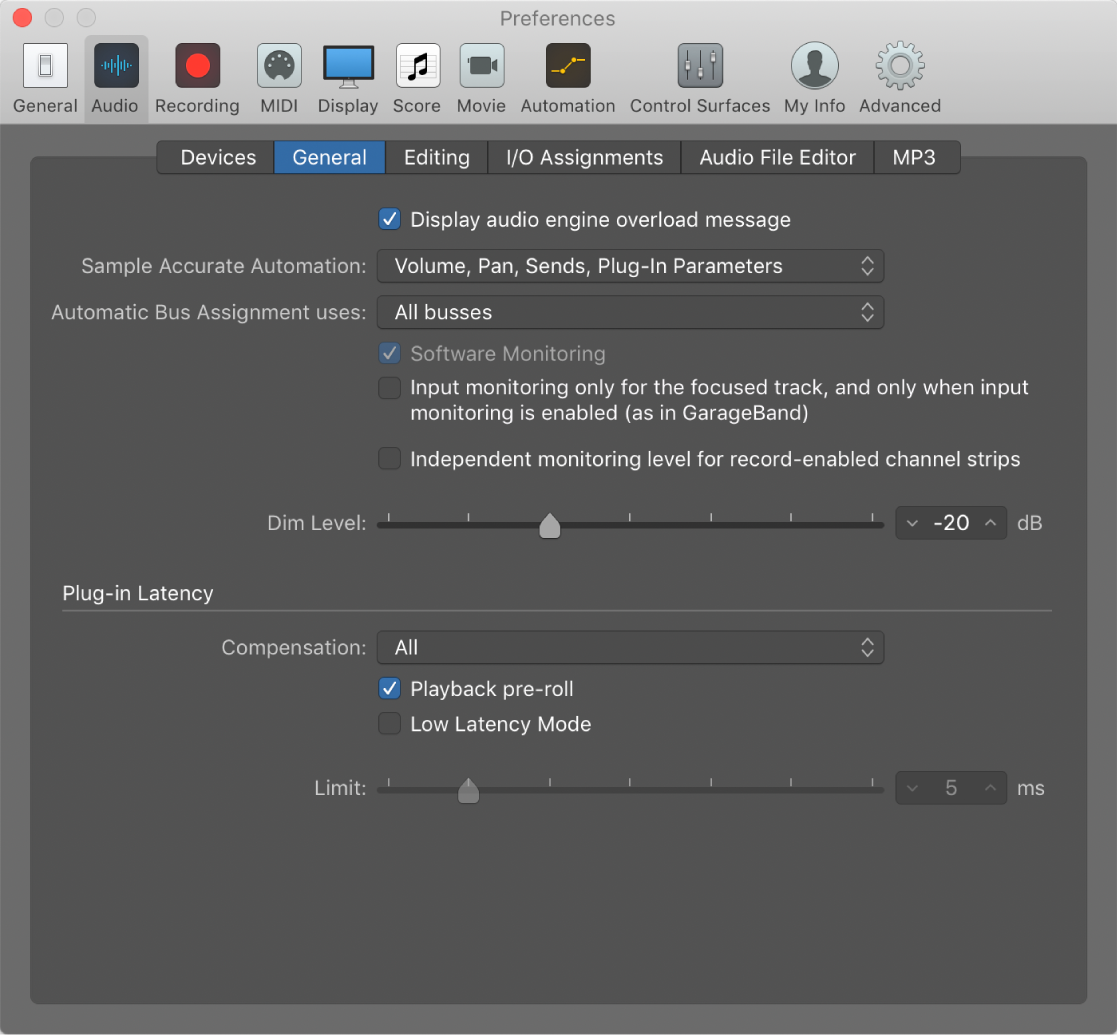 General Audio Preferences In Logic Pro Apple Support