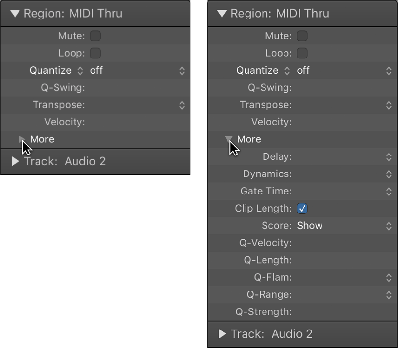 Figure. A pair of images showing audio and MIDI region quantization parameters in the Region inspector.
