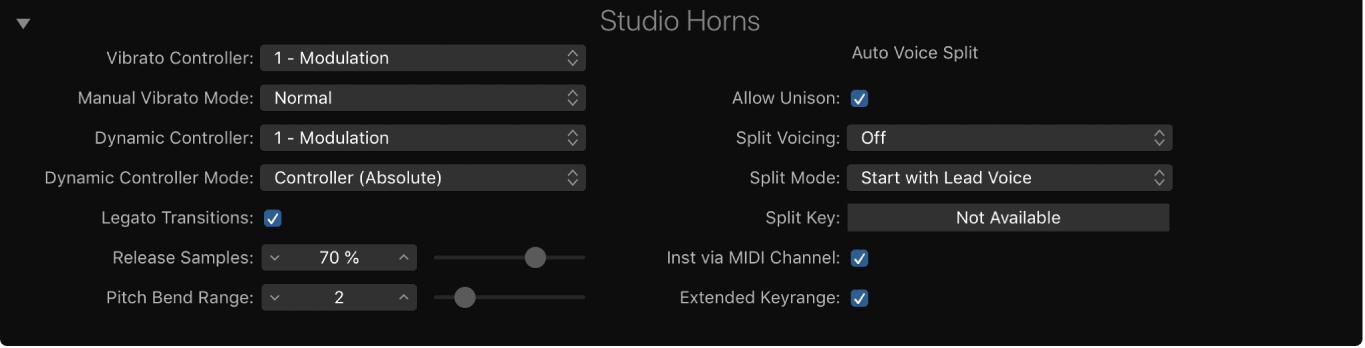 Figure. Studio Horns extended parameters.