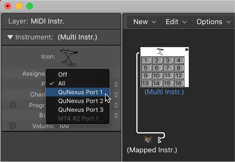 Figure. Port pop-up menu in the Object inspector showing MIDI output options.