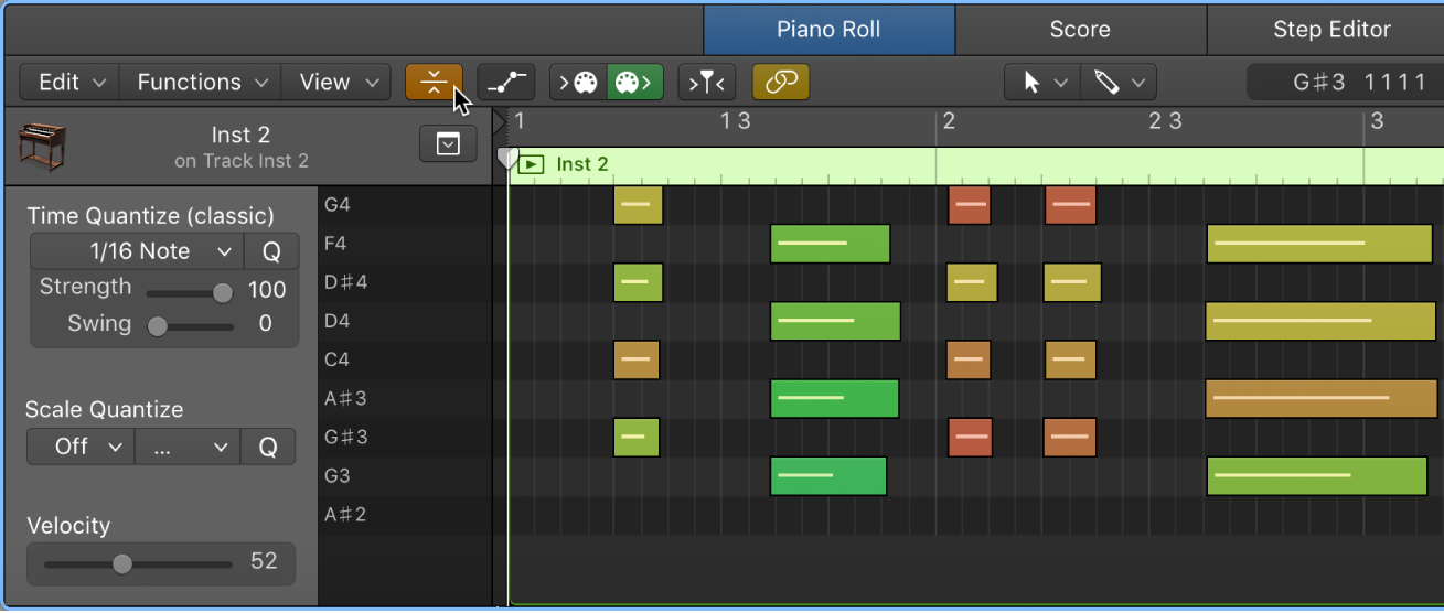 Figure. Piano Roll Editor, pointing out Collapse Mode button.