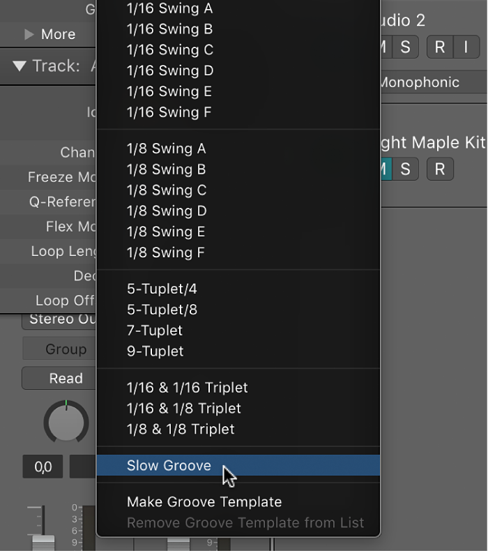 Figure. The default groove template name selected in the Quantize pop-up menu.