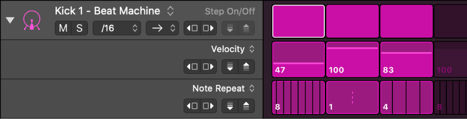 Step Sequencer row and subrows, each with a different edit mode.