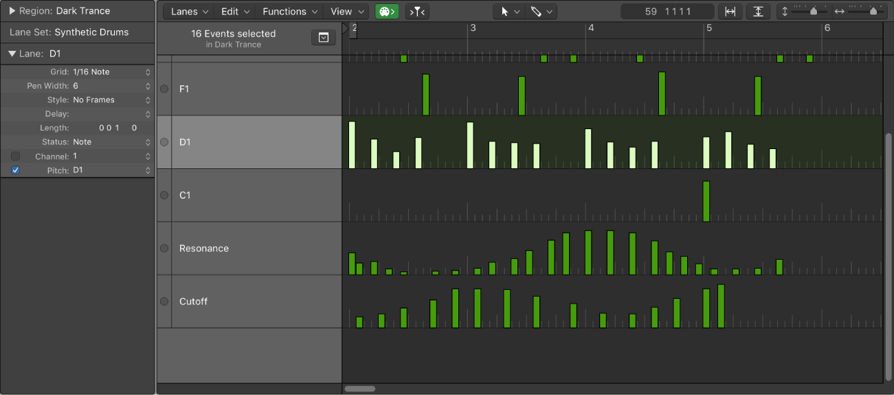 Figure. Step Editor showing note event lanes controlling single note pitches.