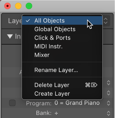 Figure. Layer pop-up menu showing list of layers.