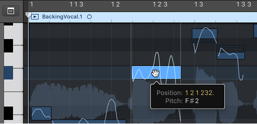 Figure. Dragging a note horizontally in the Audio Track Editor.