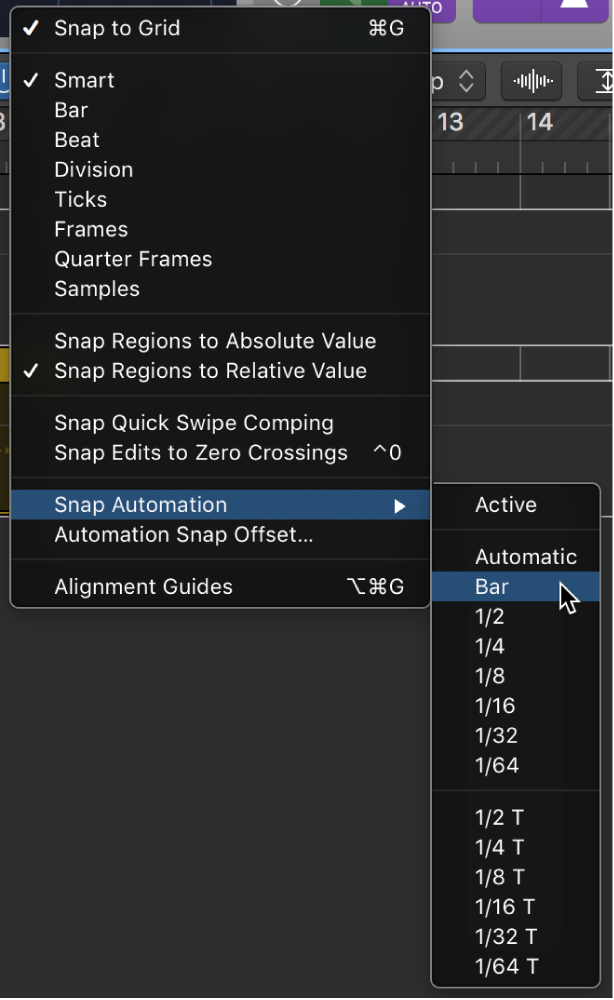 Figure. Pointing to the menu command in the Snap Automation submenu.