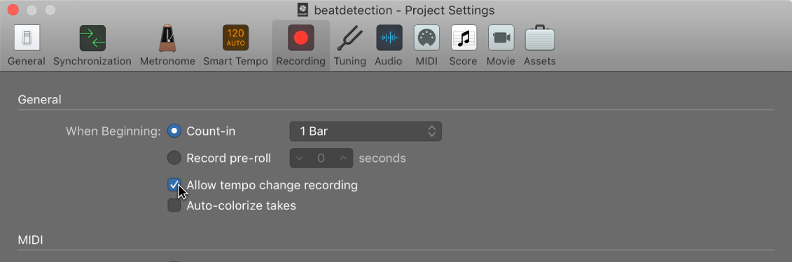 Figure. Recording project settings pane.