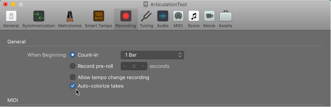 Figure. Selecting Auto-Colorize Takes in the Recording project settings pane.