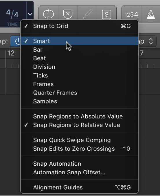 Figure. The Snap pop-up menu for the Tracks area.