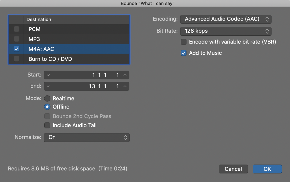 M4a c Bounce Options In Logic Pro Apple Support