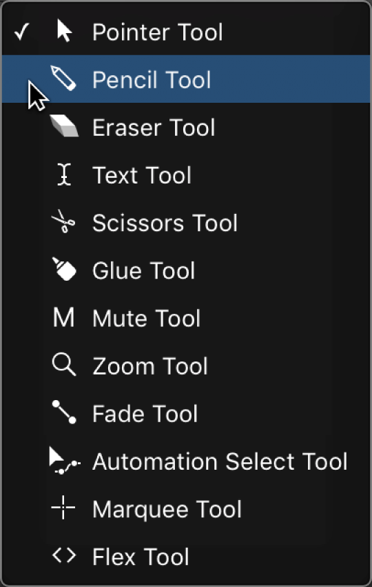 Figure. The Tool menu in the Piano Roll Editor, with the Pencil tool selected.