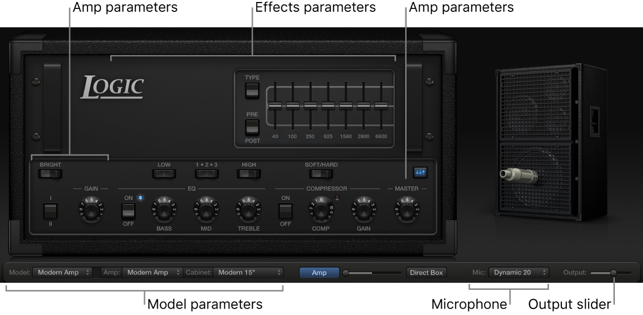 Figure. Bass Amp Designer window, showing main interface areas.