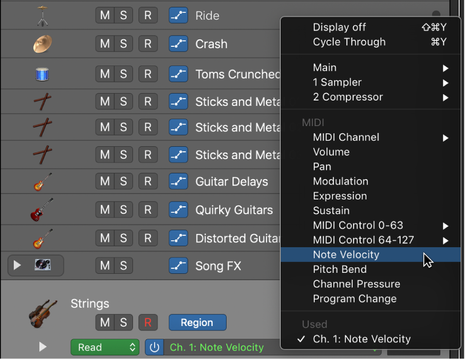 Figure. Selecting a MIDI control parameter for region-based automation.