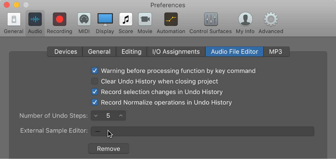 Figure. Sample Editor pane in the Audio preferences.